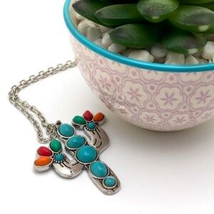 Southwest Saguaro Cactus Pendant Necklace Multi-Color Beads